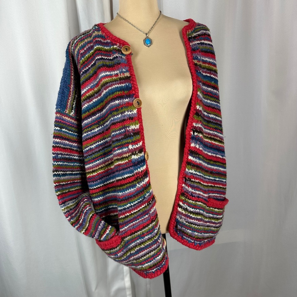 Planet Earth Imports Hand Knit Wool Cardigan Sweater Multicolor Striped